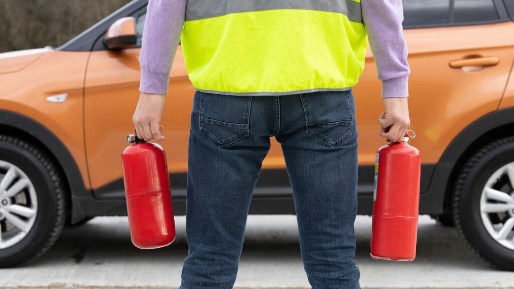 Fire extinguisher safety in a car