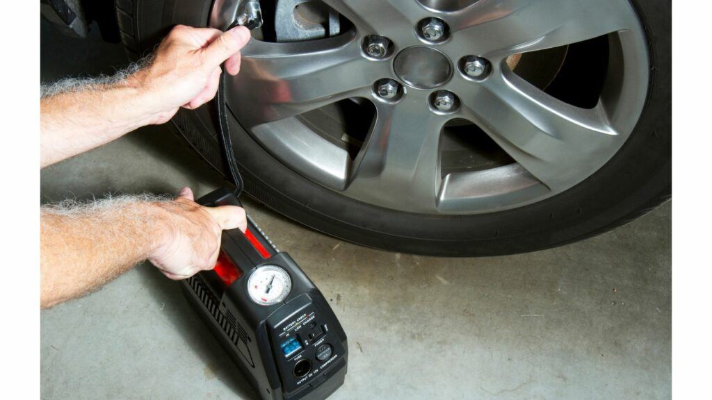 Filling Flat Car Tire with Pressure Gauge