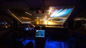 Lane Departure Warning System In A Car At Night
