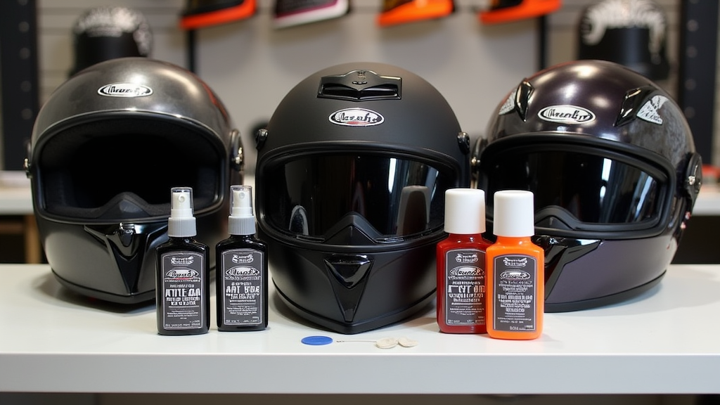 Anti-fog spray and wipes next to a motorcycle helmet