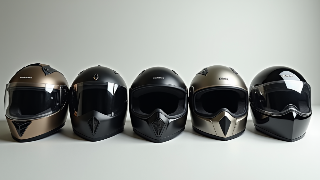 Full face and open face helmets on display