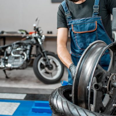 Motorcycle Tire Getting Balanced